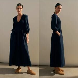 ME+EM Slub Cotton V-Neck Maxi Dress size 4 blue minimalist quiet luxury pockets